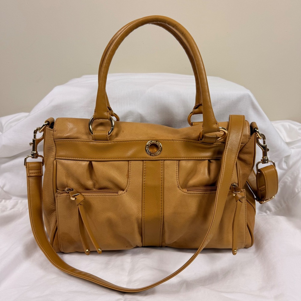 Perlina Tan Leather Satchel Crossbody Bag Gold Hardware Multi Pocket‎ Organizer